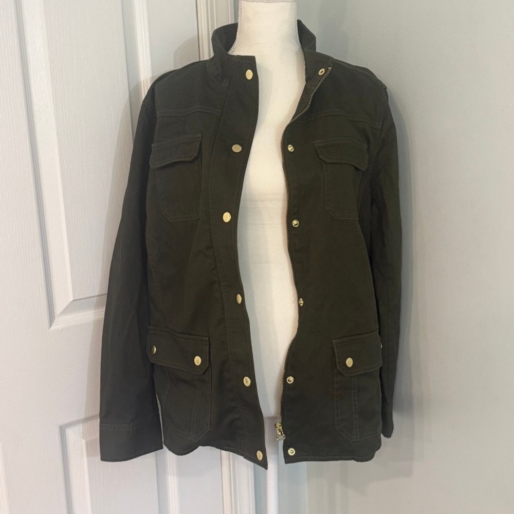 Talbots Women's Field Utility Jacket Olive Green Pockets 14W Fall Chore Canvas - Picture 9 of 16
